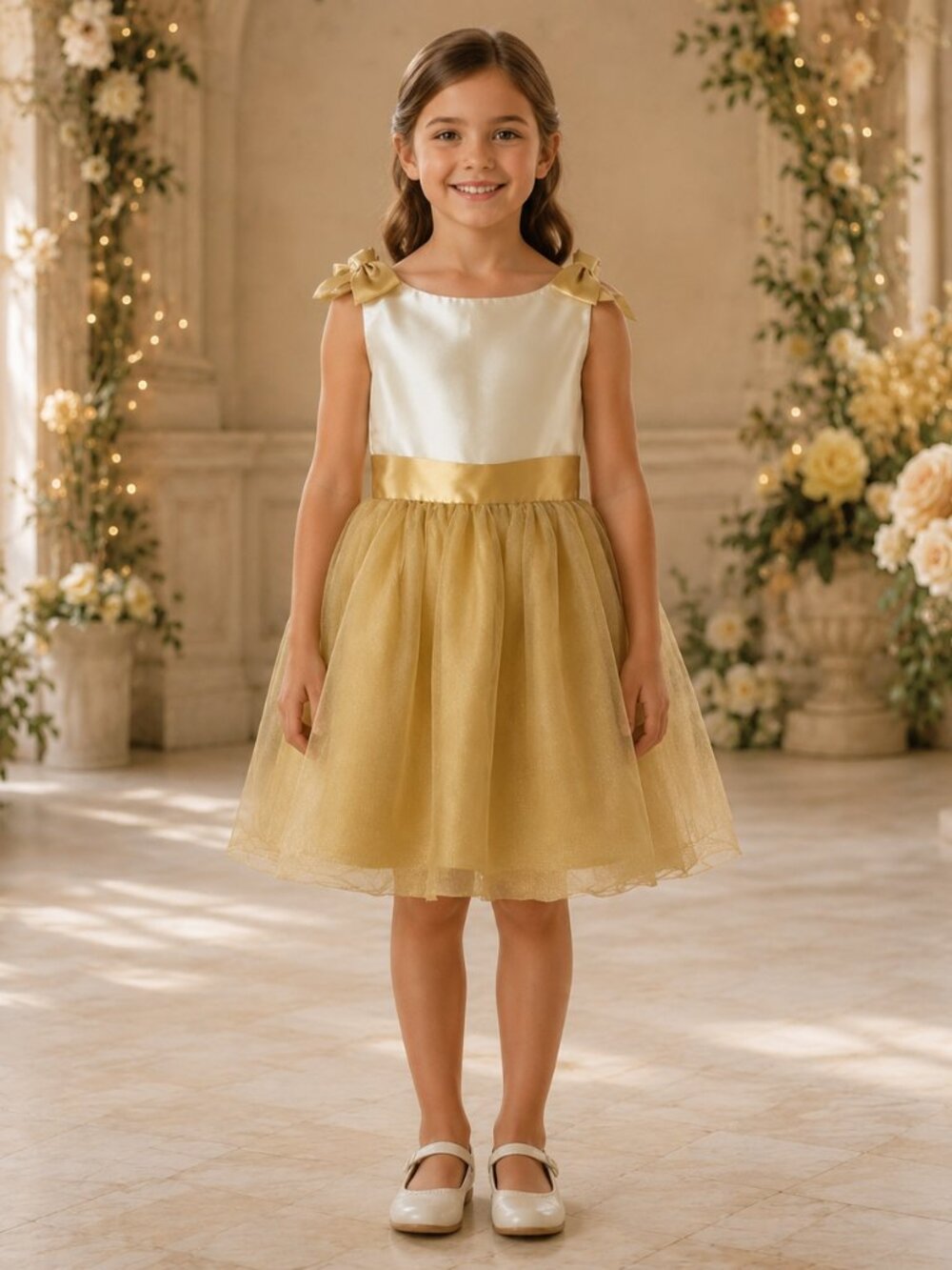 Janie and Jack Girls Size 7 Cream Gold Satin Tulle Party Dress Bows NWOT